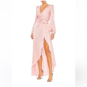 MAC DUGGAL Puff Sleeve Silk Satin Faux Wrap Gown in Pink maxi Size US 10